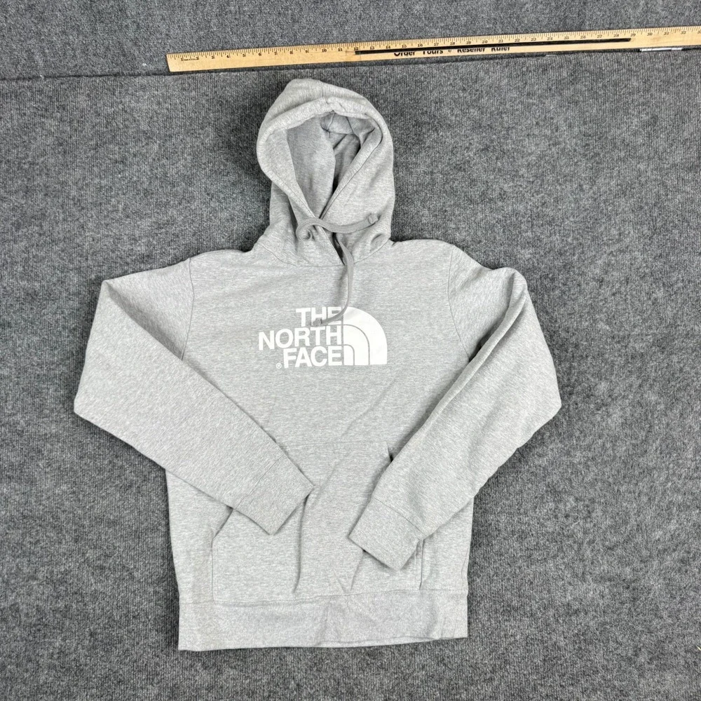 The North Face Hoodie Mens Size S Gray Graphic Logo Pullover Fleece Stained Fair